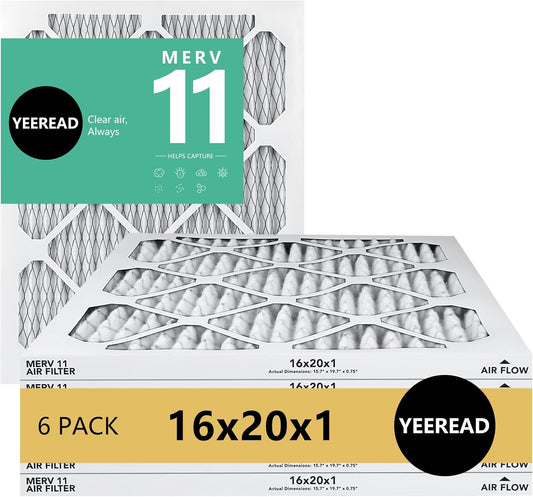 16x20x1 Air Filter, MERV 11, 6-Pack | Actual Size 15.7x19.7x0.75 |Compatible with HVAC, Air Conditioners & Furnaces– High Particle Capture & Smooth Airflow