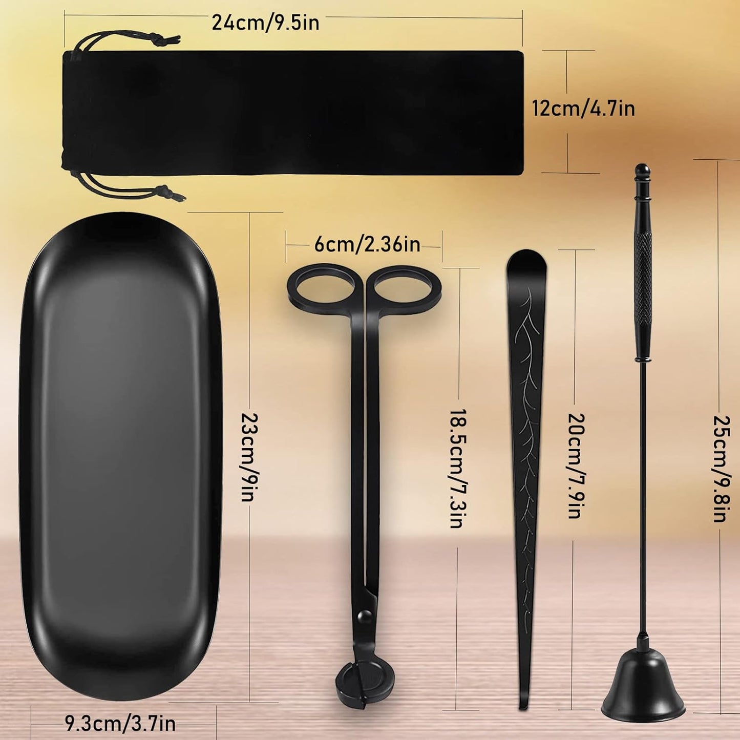 5IN1 Candle Accessory Set, Candle Wick Trimmer Cutter, Candle Snuffer & Candle Wick Dipper,Electric Lighter,Storage Tray Plat & Bag for Aromatherapy Candle Lover (Black)