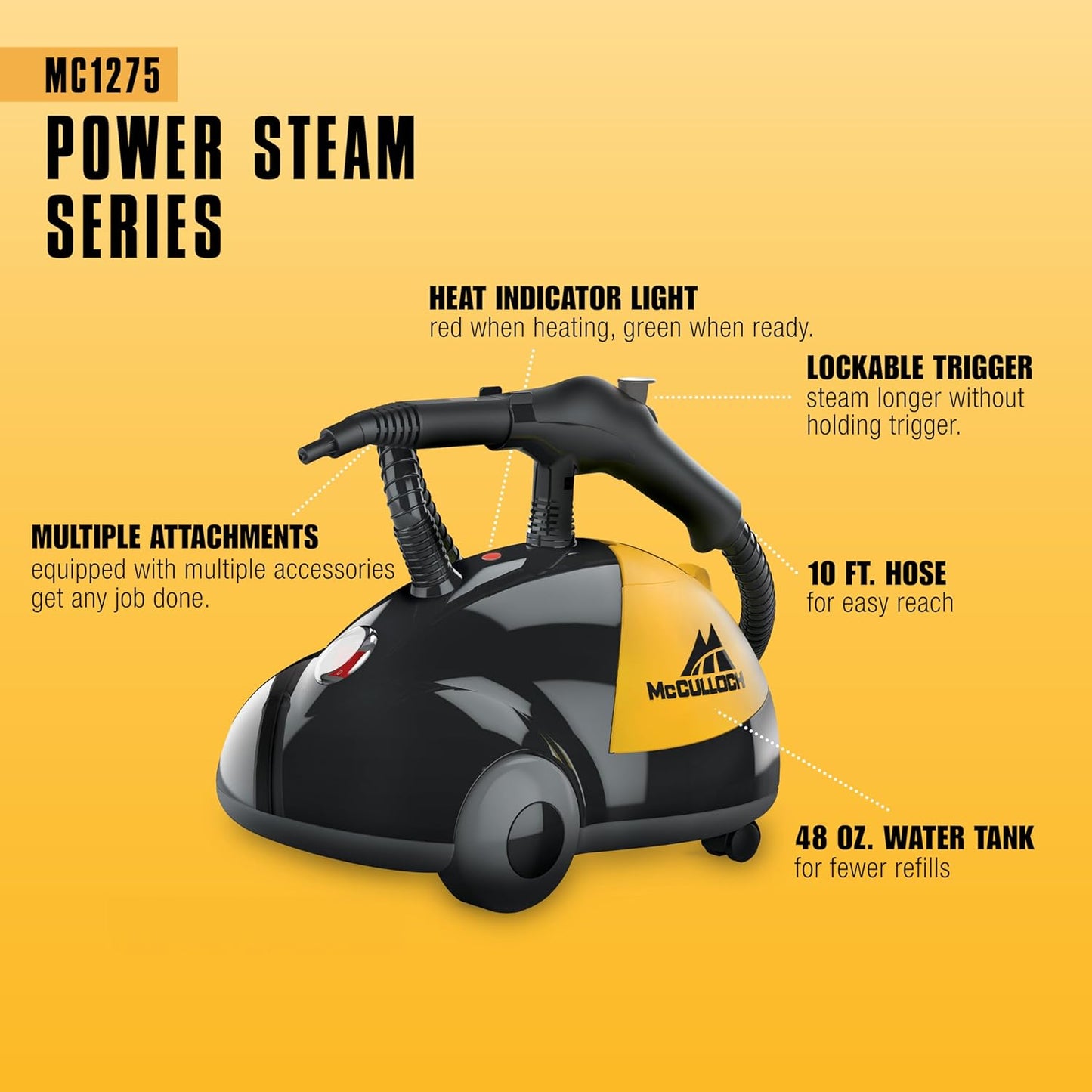 McCulloch MC1275 Heavy-Duty Steam Cleaner, 45 Minute Runtime, 18 Accessories: Mop Head, Brushes, & More - Built for Home, Tile, Grout, Carpet, Furniture, & Personal Car Detailing