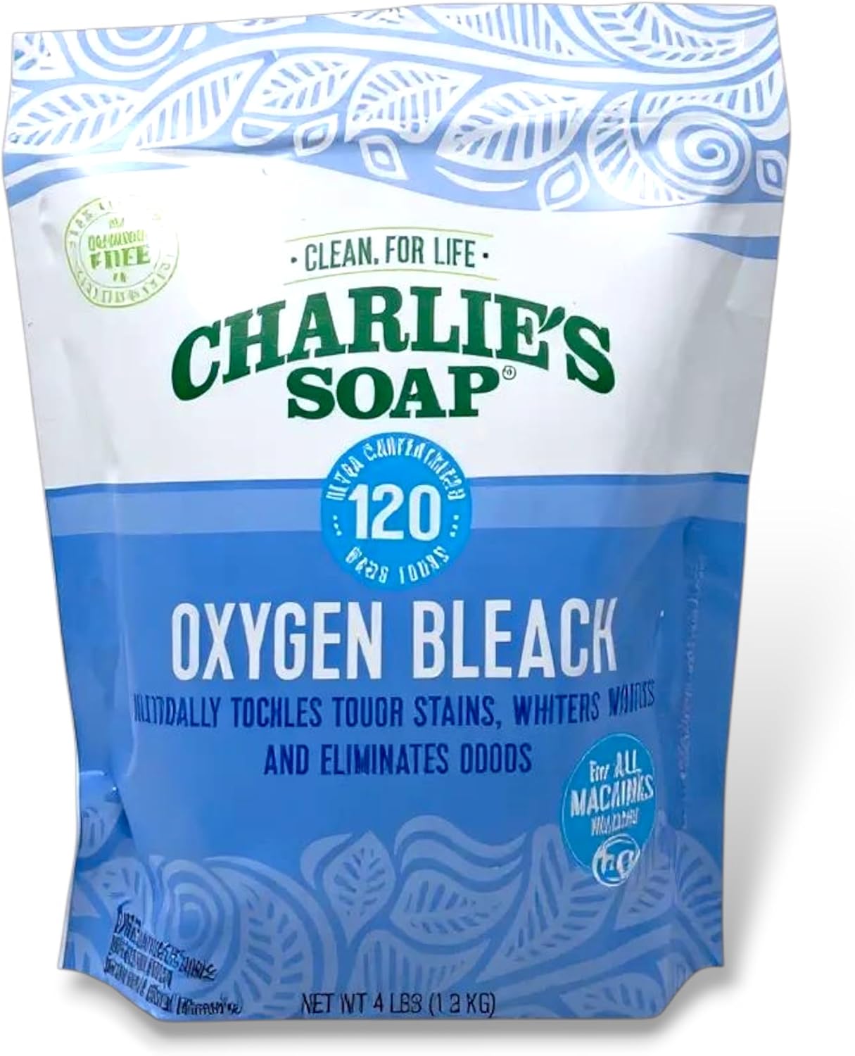 Charlie’s Soap Oxygen Bleach Powder – Chlorine-Free Laundry Whitener & Stain Remover – 4 lb Bag (120 Loads) – Fragrance-Free, Color-Safe, Biodegradable
