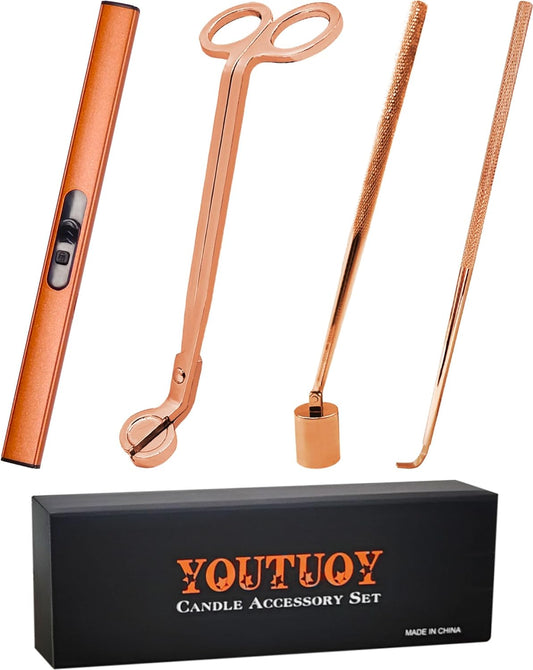 4 in1 Candle Accessory Set with Rechargeable Candle Lighter, Candle Wick Trimmer, Candle Wick Snuffer, Candle Wick Dipper, Candle Care Kit (Rose Gold)