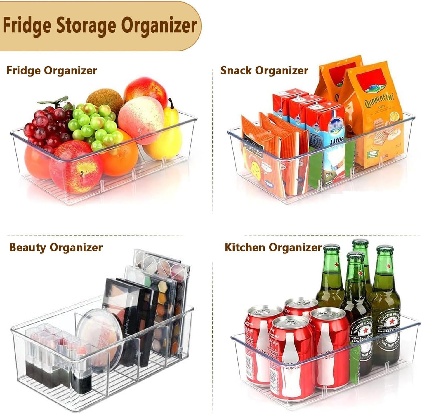 Pantry Organizers and Storage,Kitchen Organizers and Storage for Fridge,Drawer and Refrigerator - Spice Organization for Cabinet,Clear Plastic Stackable Organizer Bins with 3 Dividers (7 Pcs)