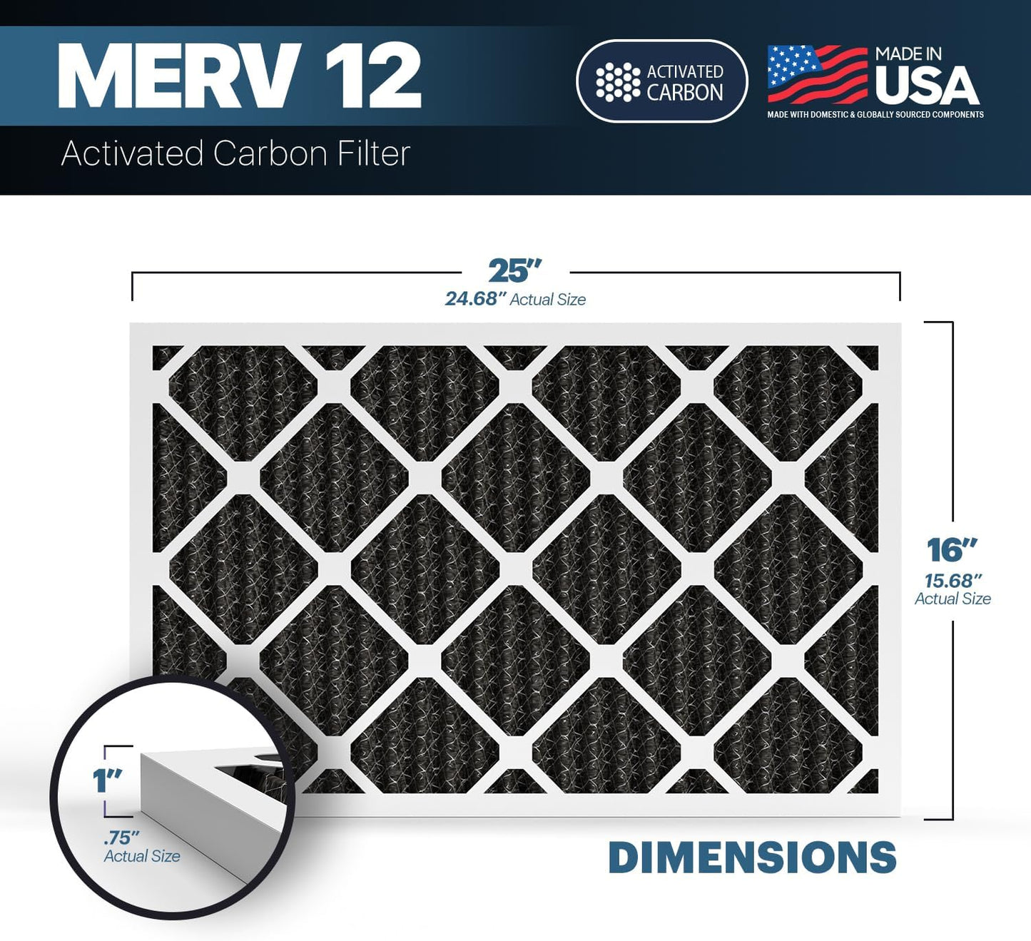 BNX TruFilter 16x25x1 MERV 12 Odor Defense (2-Pack) AC Furnace Air Filter with Activated Carbon - MADE IN USA - Pleated Air Conditioner HVAC AC Furnace Filters - Removes Odor, Mold, Bacteria, Smoke