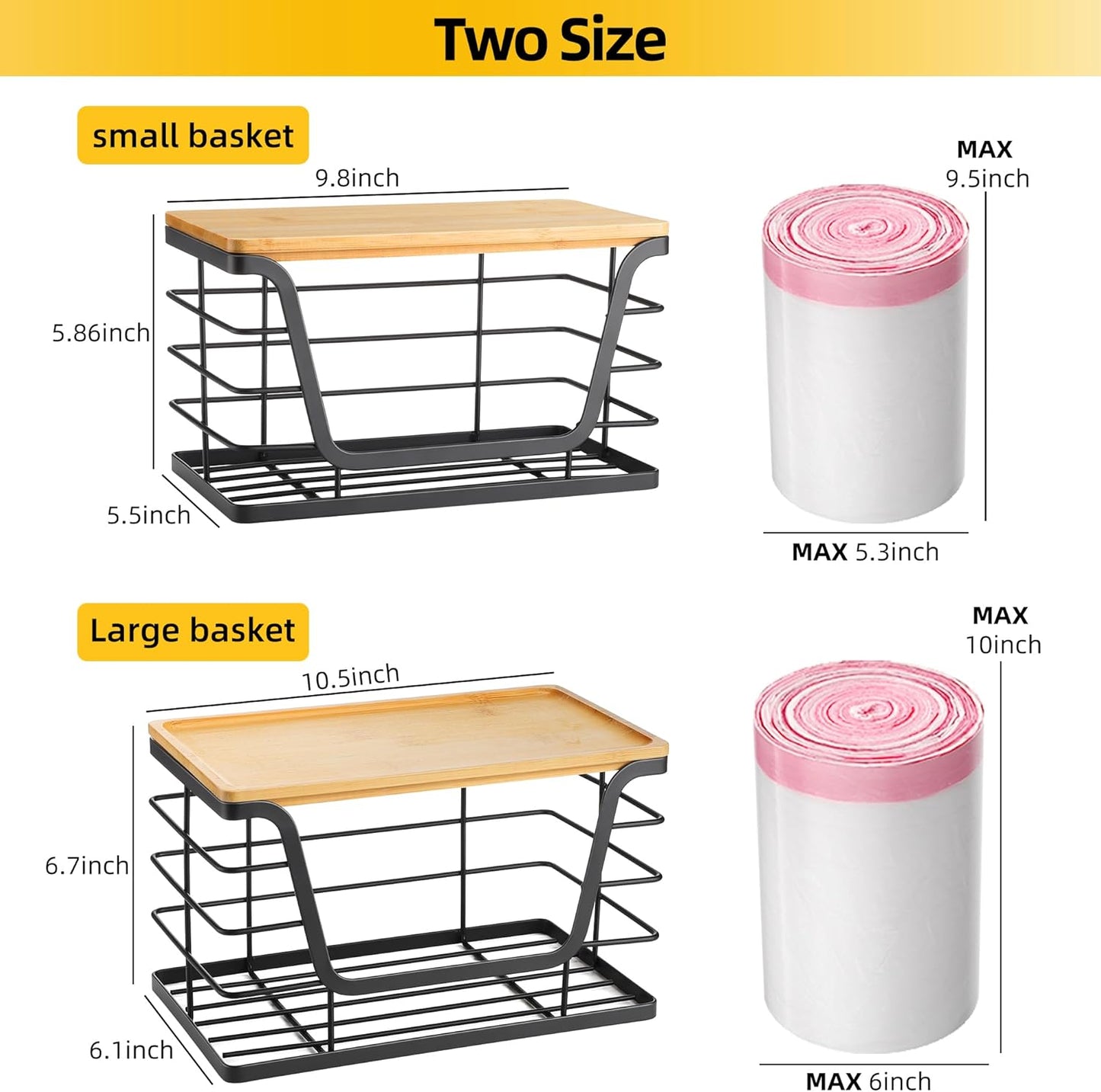 ALOCEO 2 Pack Large Garbage Bag Dispenser for 13/30/33 Gallon Bags, Potato and Onion Storage Baskets with Bamboo Lid, Stainless Steel Stackable Storage Bins for Kitchen Laundry Pantry Room