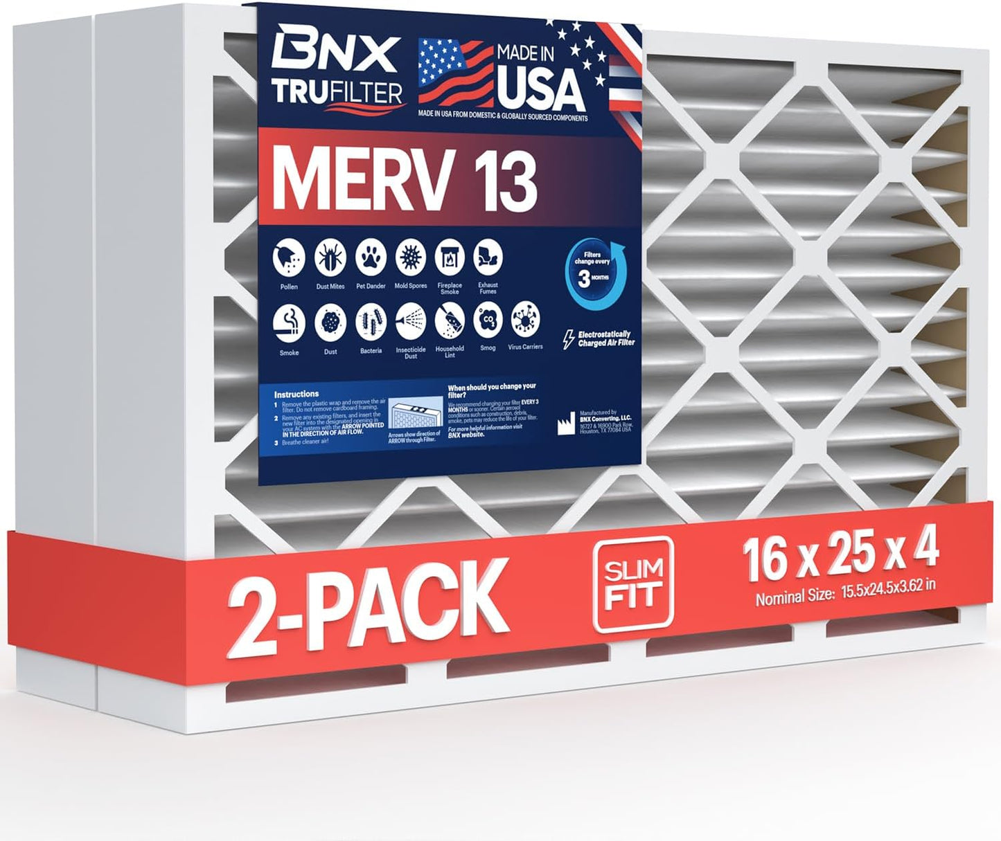BNX TruFilter 16x25x4 (15.5’’ x 24.5’’ x 3.63‘’ Slim Fit) MERV 13 Air Filter (2-Pack) - MADE IN USA - Air Conditioner HVAC AC Furnace Filters Health, Allergies, Mold, Bacteria, Smoke, MPR 1900 FPR 10