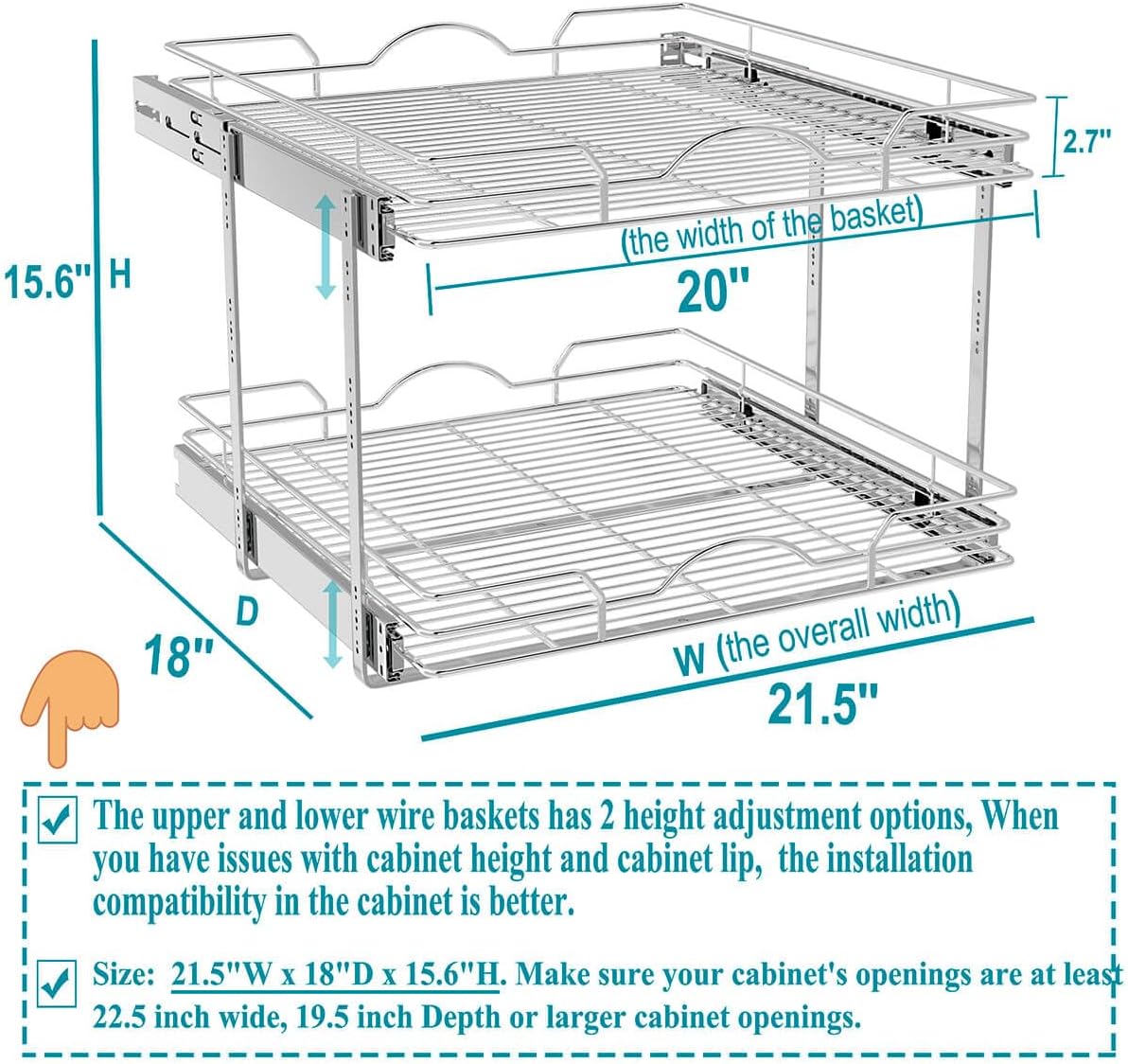 OCG 2 Tier Pull Out Cabinet Organizer (21.5" W x 18" D), Pull Out Shelves for Kitchen Cabinets, Slide Out Pantry Shelves for Base Cabinet Organization in Kitchen Bathroom Pantry, Chrome Finish