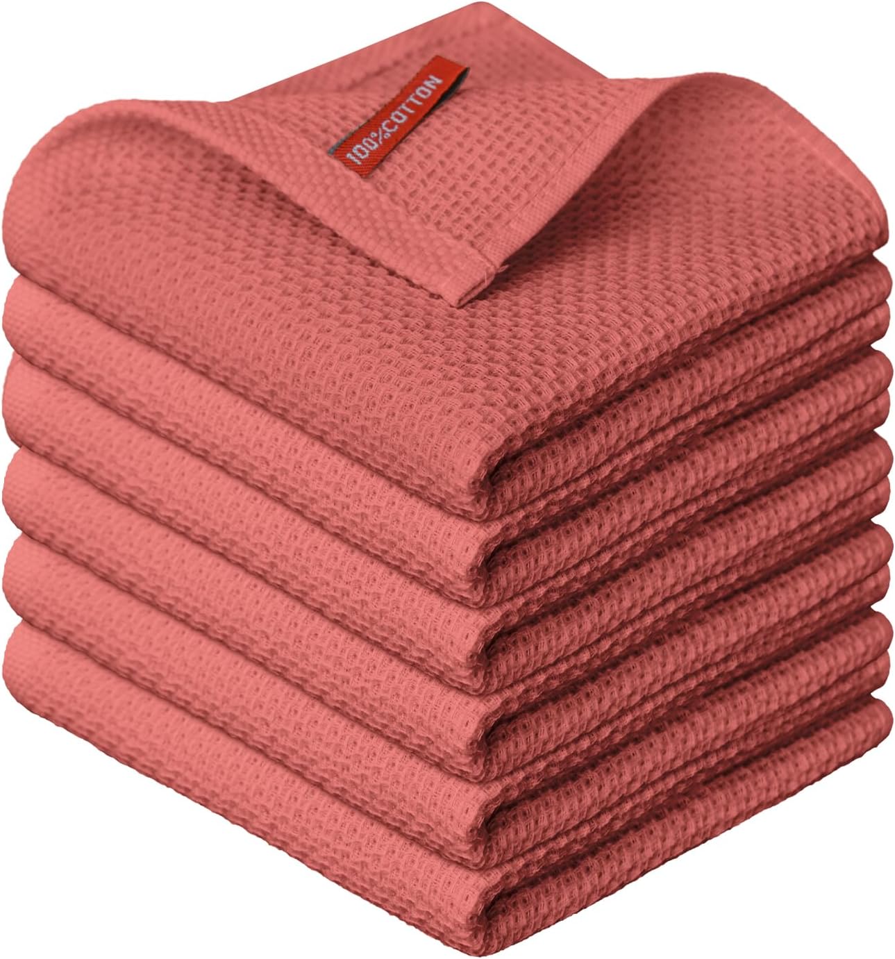 Artoid Mode 100% Cotton Red Waffle Weave Kitchen Dish Cloths, 12x12 Inch Ultra Soft Absorbent Quick Drying Kitchen Dish Towels Set of 6