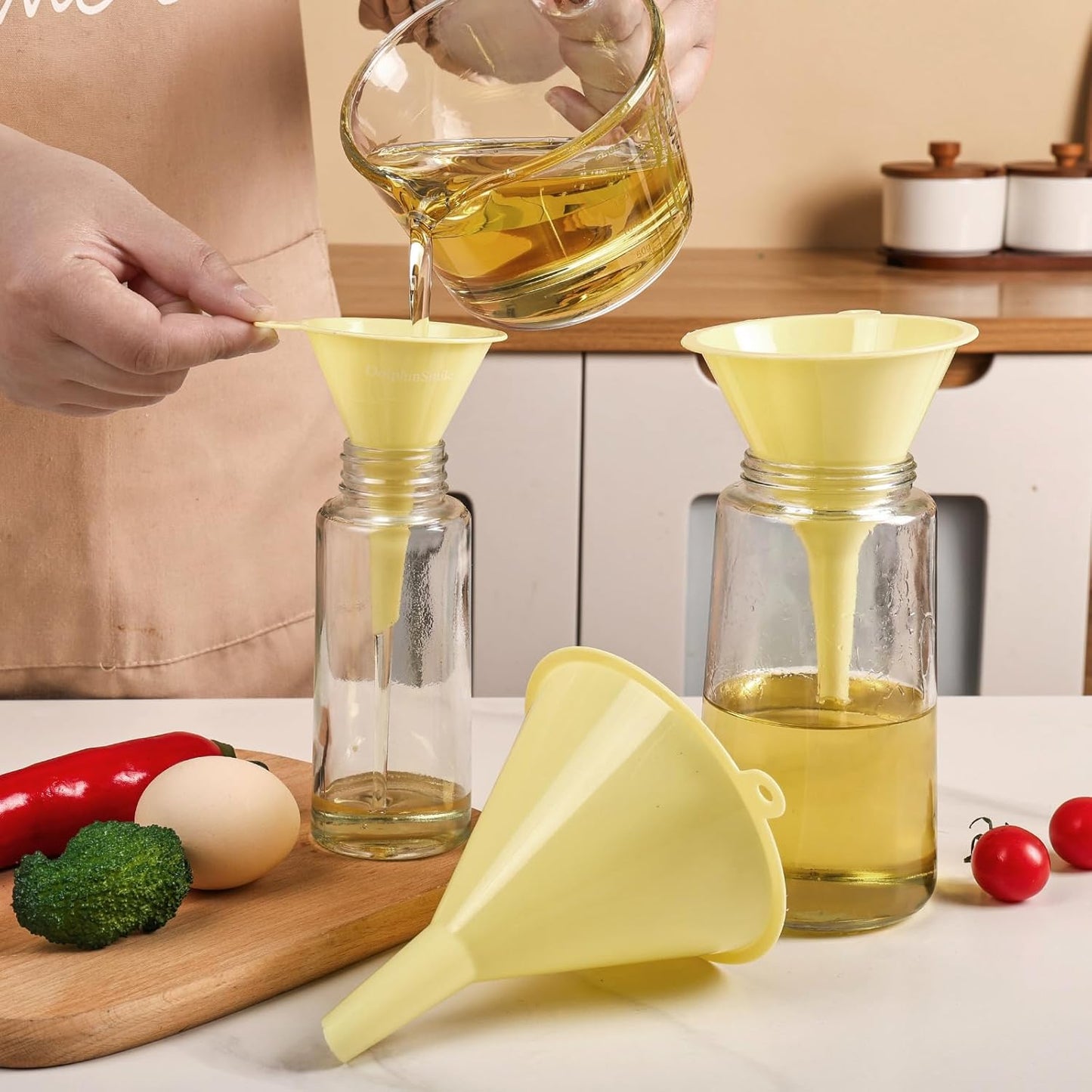 Plastic Kitchen Funnel Set of 3, Round Kitchen Funnels for Filling Bottles, Durable and Multifunctional Funnels for Filling Canning, Cooking, Lab or Car Oil (Milk Yellow)