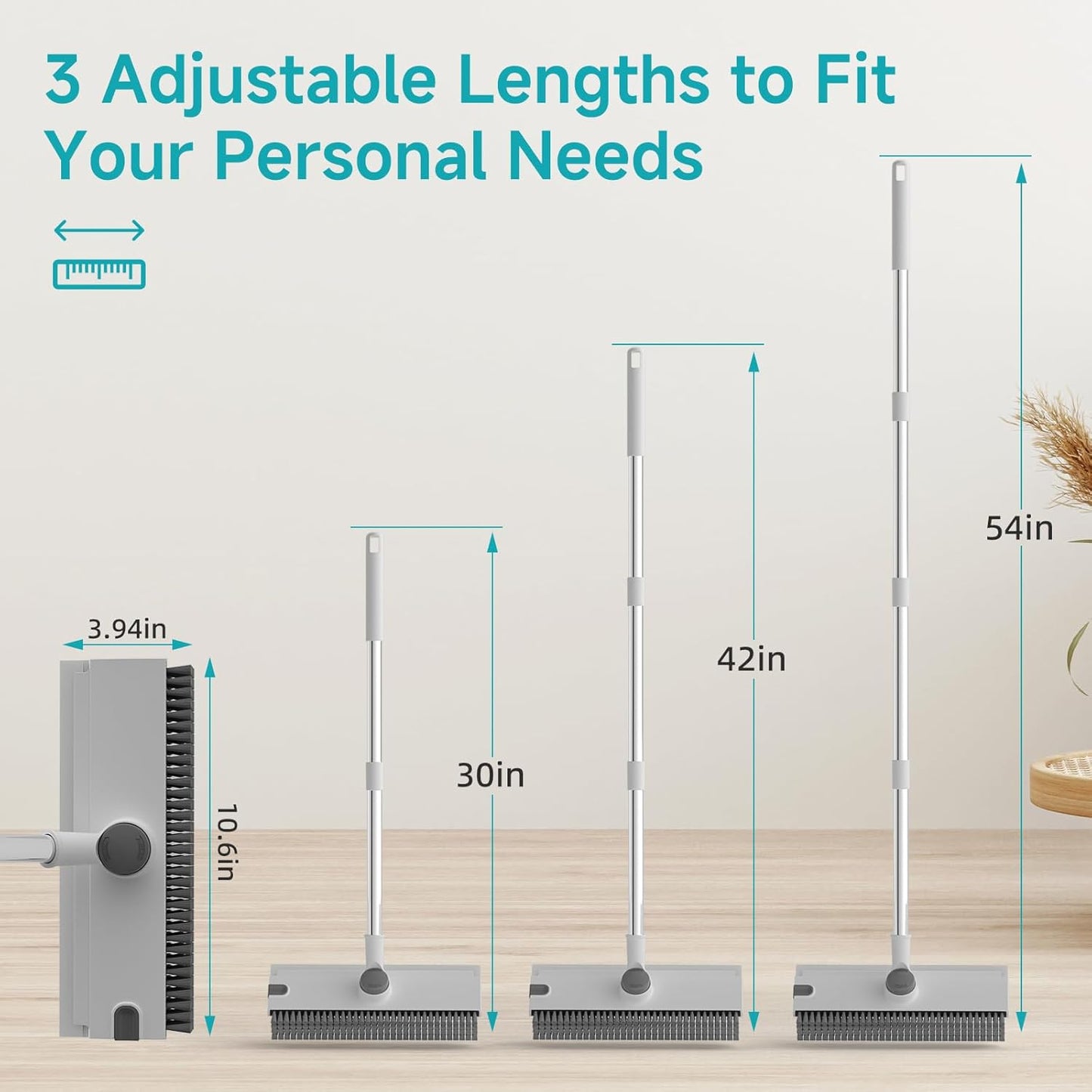 Floor Scrub Brush with Long Handle Length Adjustable, 3 in 1 Heavy-Duty Stiff 90° Bristle Floor Scrubber Broom with Squeegee, for Bathroom, Garage, Kitchen, Tile, Deck & Patio (White)