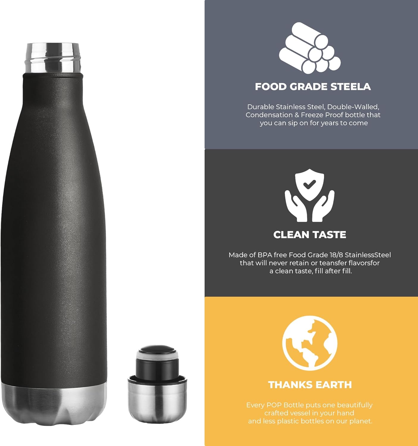 MEWAY 17oz Sport Water Bottle Vacuum Insulated Stainless Steel Leak-Proof Double Wall Cola Shape Water Bottle,Keep Drinks Hot & Cold (Black,1 Pack)