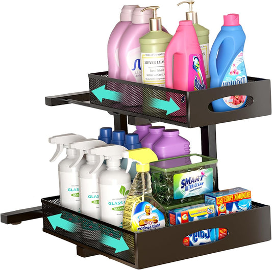 Under Sink Organizer, Extra-Wide Upgrade, 1-Pack of 2-Tier Metal Slide Out Cabinet Organizer, Height Adjustable Organization and Storage Series, Bathroom/Cabinet/Kitchen organization, Black