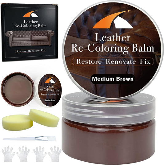 Medium Brown Leather Repair Kit - Recoloring Balm & Dye to Restore Scratches, Faded & Aged Leather & Vinyl Couches, Boots, Car Seats & Furniture