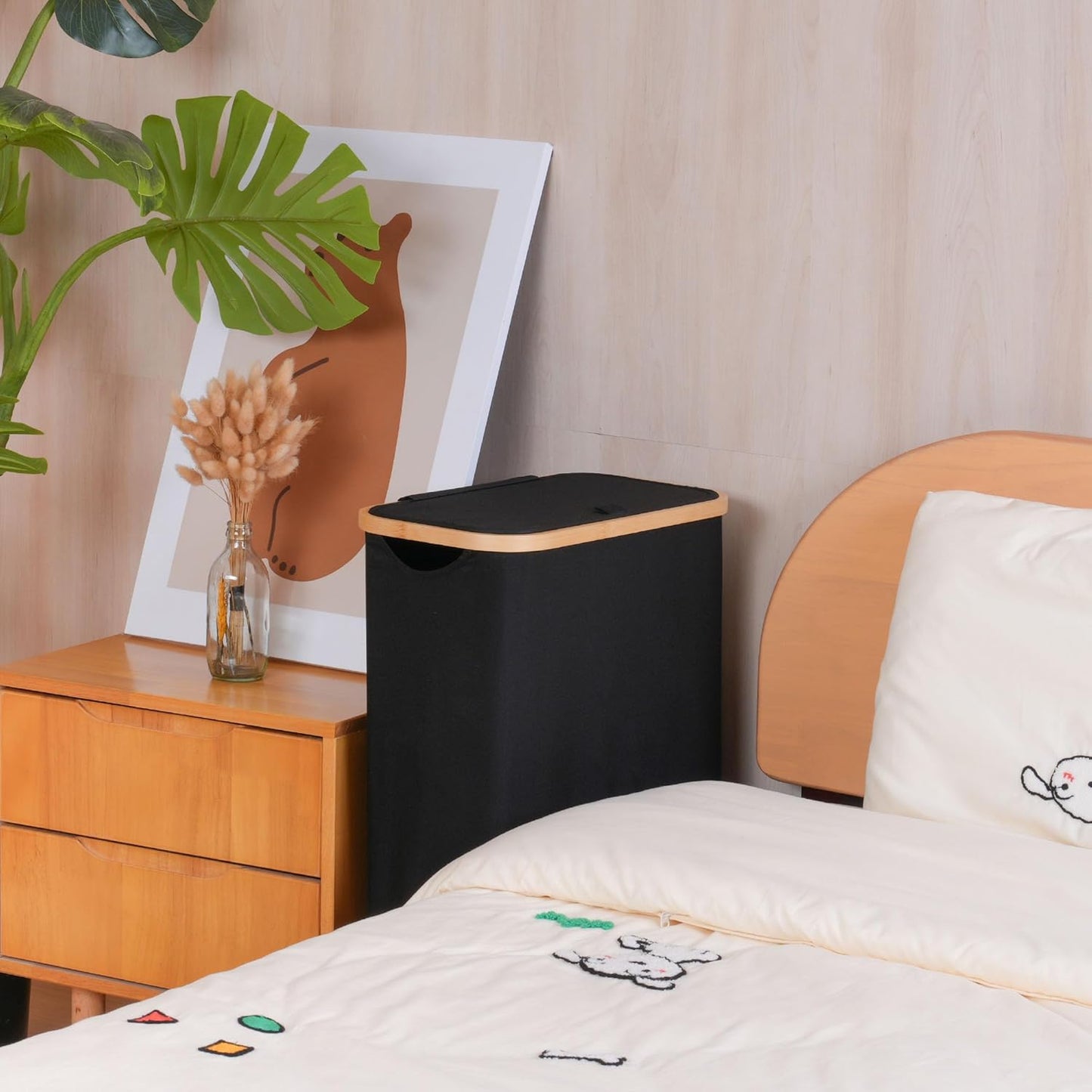 Slim Laundry Hamper with Wheels,Narrow Hampers for Laundry,Freestanding Laundry Basket with Lid&Bamboo Handles,Collapsible & Waterproof Tall Cloth Hamper for Dorm Family(60L,Black)