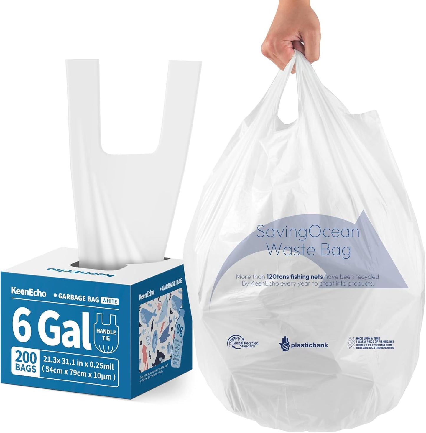 Small Trash Bags with Handles 6 Gallon 200 Count White - Ocean Plastic Upcycling - Plastic Garbage Bags, Can Bin & Waste Basket Liner for Kitchen, Bathroom, Office and Pets