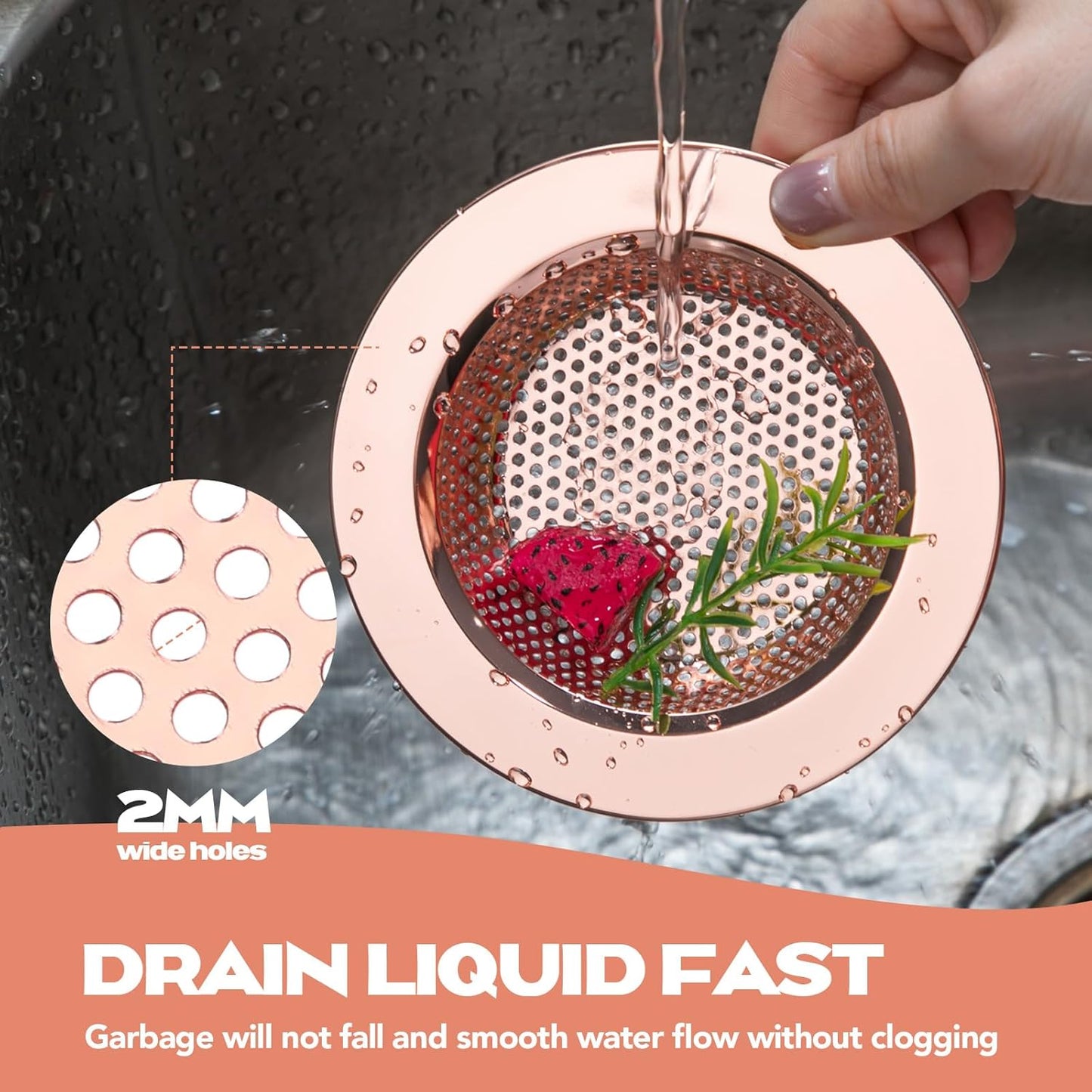 Retisee 2 Pcs Sink Strainer Stainless Steel Kitchen Sink Drain Strainer Basket Cover Mesh Hair Food Catcher, Large Wide Rim of 4.4 Diameter(Rose Gold)