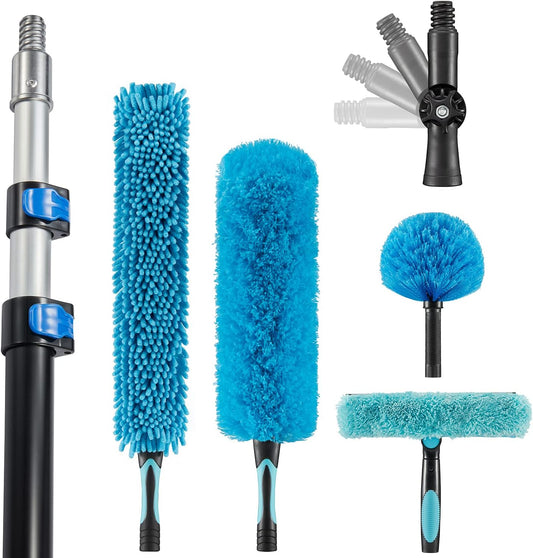 20 Foot High Ceiling Fan Duster with 5-12 Foot Extension Pole, Extendable Reusable Cobweb, Feather, Window Cleaning Squeegee Kit Blue
