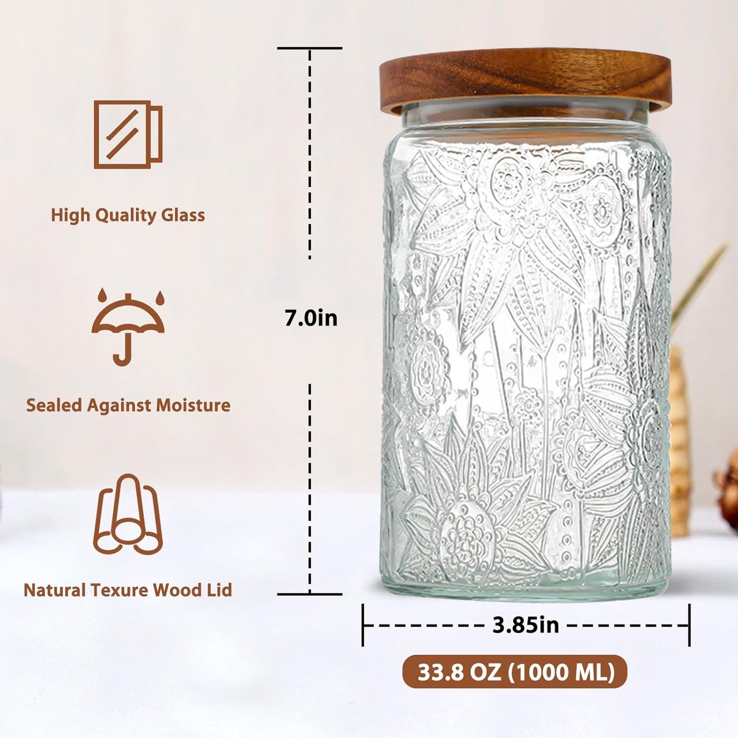 34 OZ Glass Storage Jar with Airtight Bamboo Wooden Lids, Vintage Food Containers Canisters Sets for Kitchen Counter Pantry, Sugar, Flour, Candy, Tea, Coffee Beans, Oats, Grain Bin, Pasta, Cereal