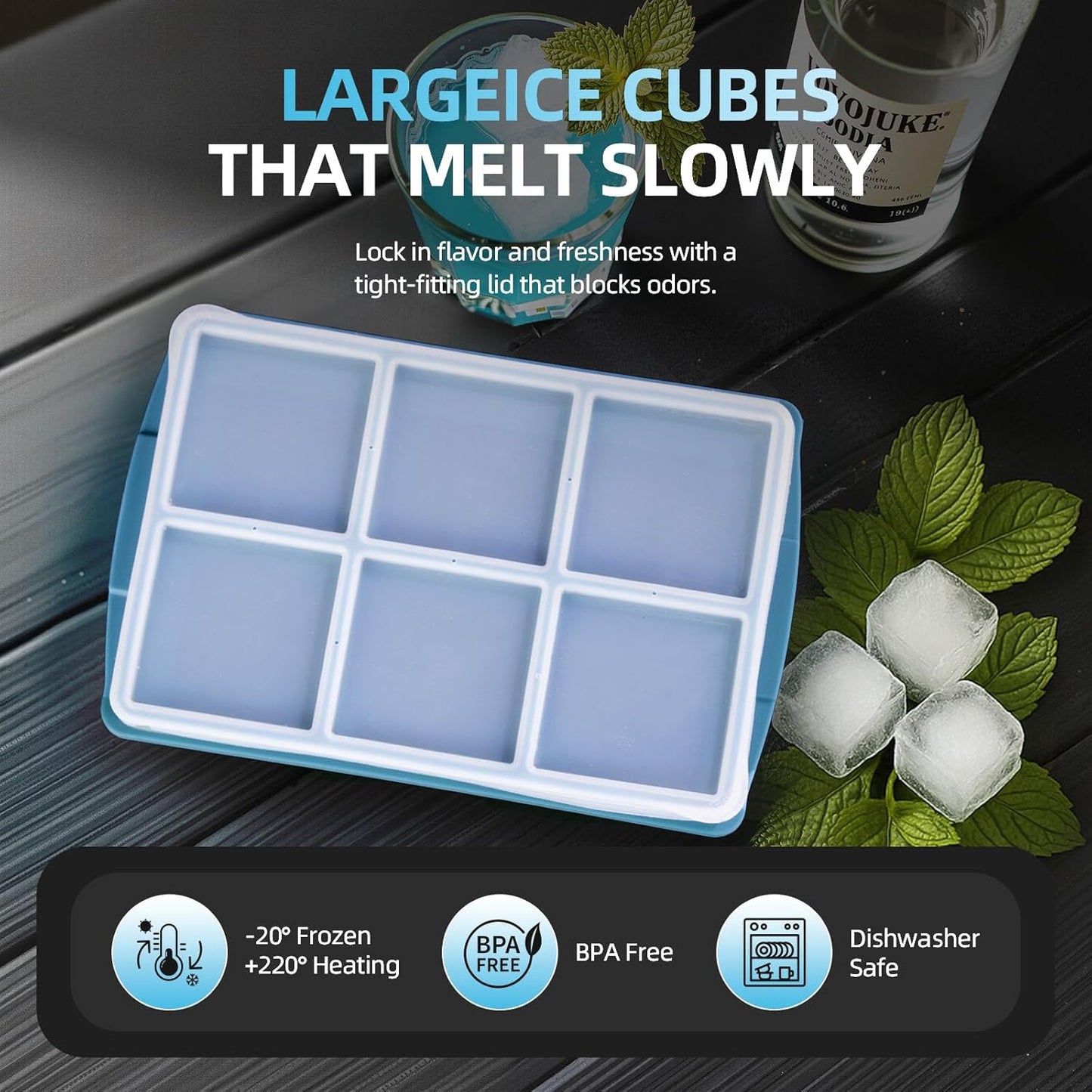 Large Ice Cube Trays for Whiskey (2 Pack) - Silicone Ice Cube Molds with Steel Frame Reinforcement & Lid, 2-Inch Square Ice Cubes for Whisky, Cocktails, Coffee, Tea - Easy Release