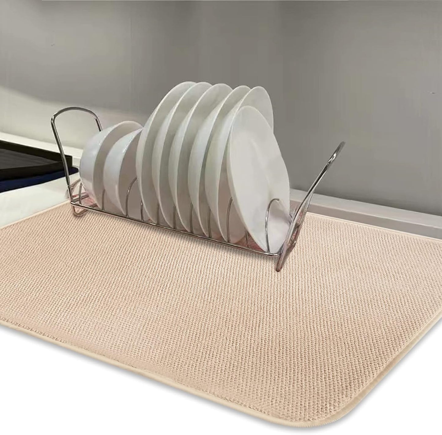 Dish Drying Mats for Kitchen Counter, 2 Pack Dish Drying Pads Dish Rack Mat Drying Pink Kitchen Mat (Beige-2)