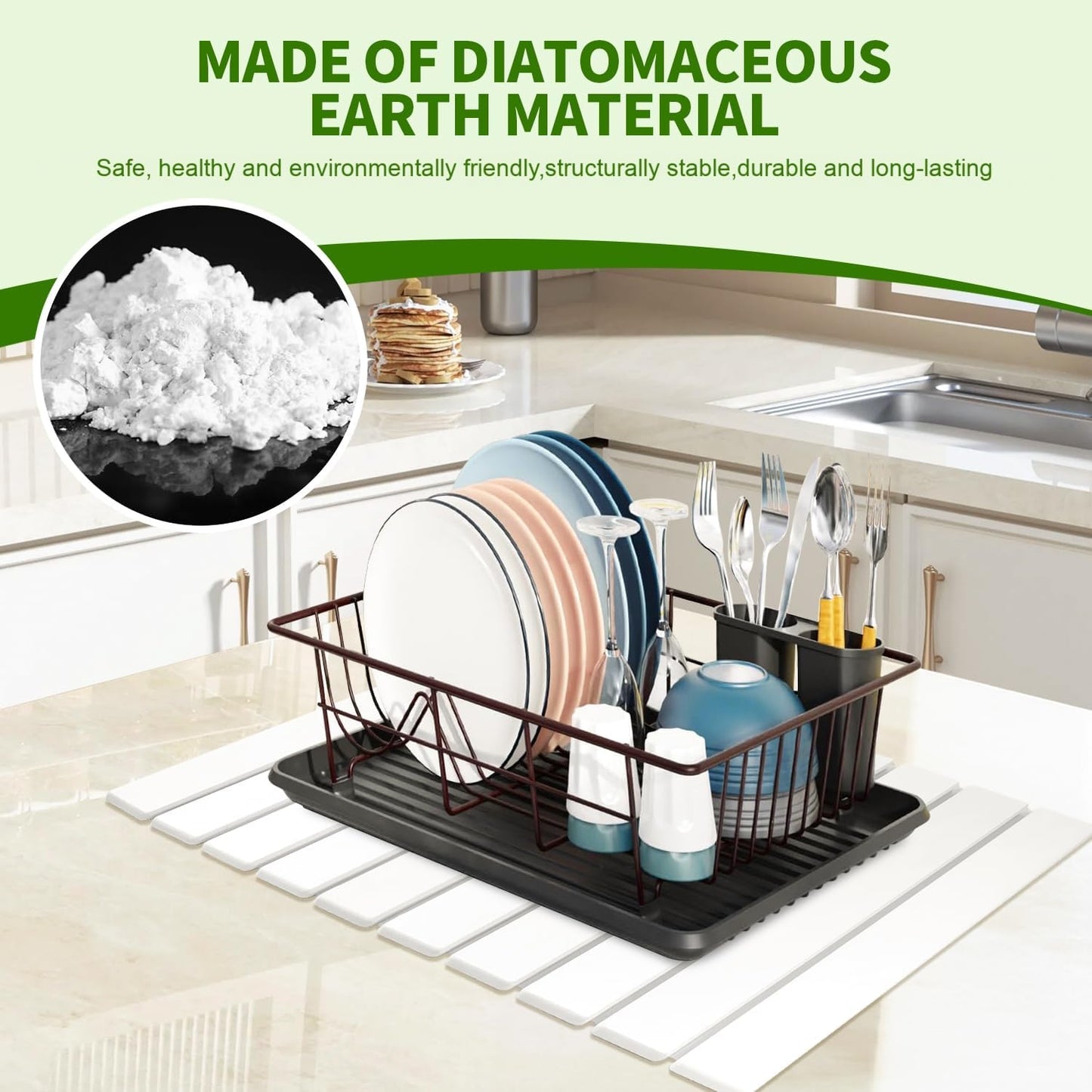 Stone Drying Mat for Kitchen Counter Square, 23.62"x15.35", Collapsible Quick Dry Dish Drying Mat, Absorbent Diatomaceous Earth Pads Match Any Countertop for Dishes Kitchen and Bathroom