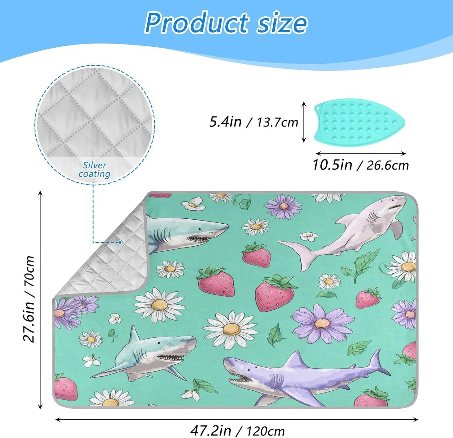 Mint Green Sharks Strawberry and Daisy Ironing Mat for Table top Portable Ironing Pad Blanket for Washer Dryer Countertop Travel