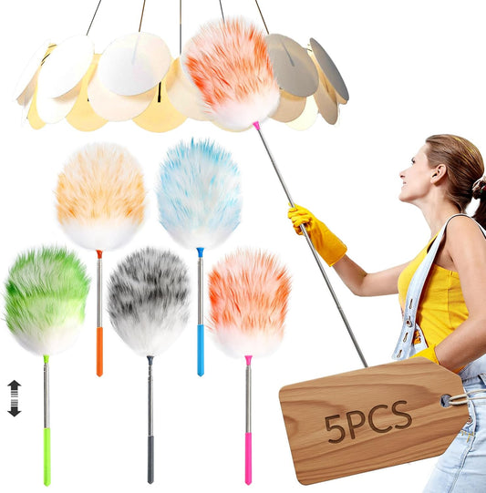 5PCS Extendable Lambswool Duster with 35-55 Inch Adjustable Aluminum Handle,Feather Duster Static Electricity Dust Adsorption, Reusable Cleaning Tool for Home, Car, Office, Ceiling, Furniture