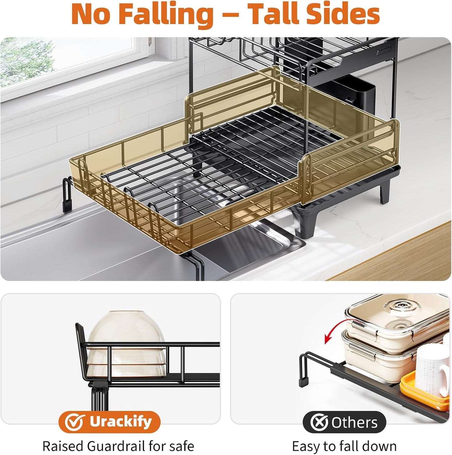Dish Drying Rack - Extendable Dish Drainer, Large Dish Rack for Kitchen Counter, Rustproof Dish Strainer with Utensil Holder and Cups Holder, 2 Tier Black