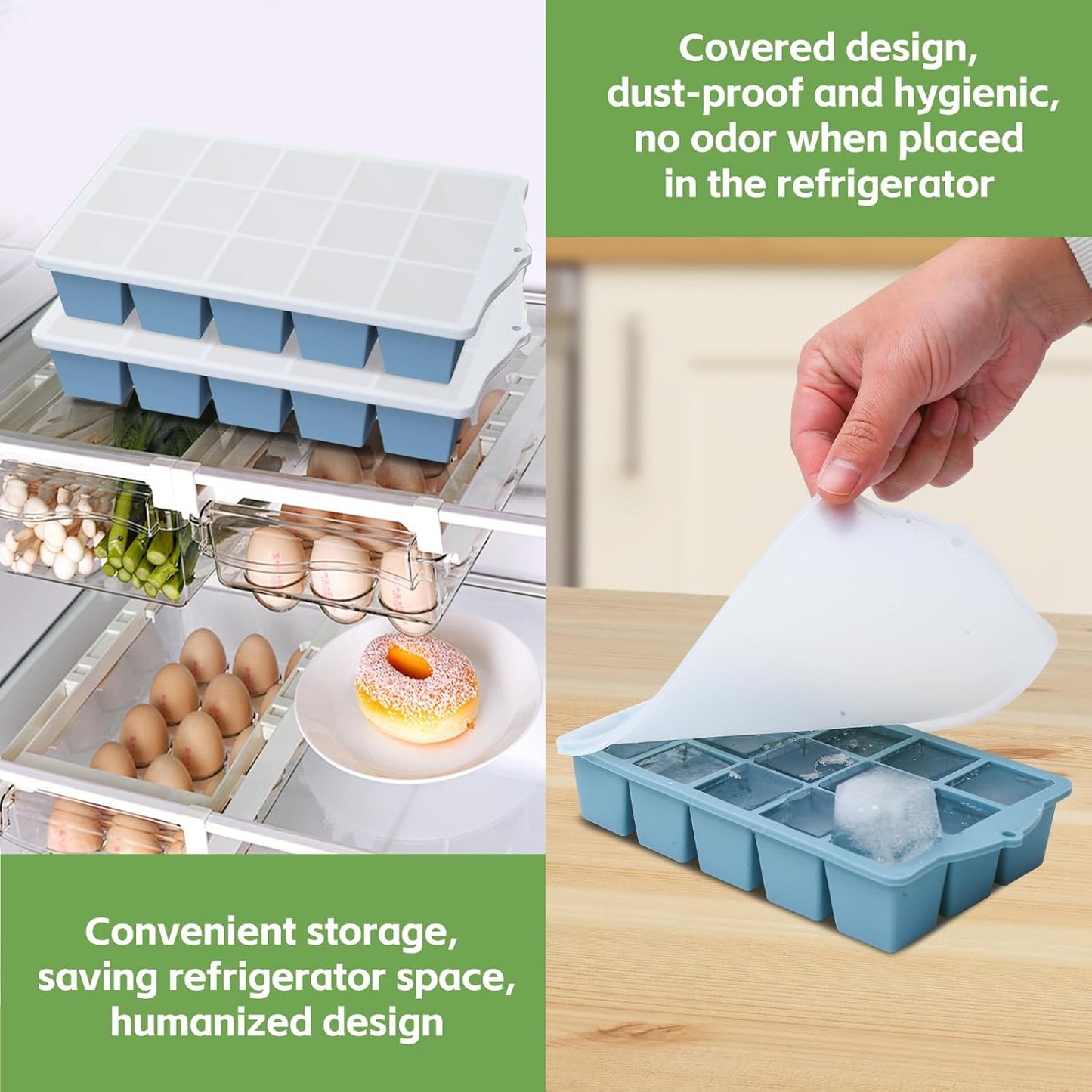 Silicone Ice Cube Tray, 3 Pack Easy-Release Stackable Ice Trays for Freezer with Lid 15 Reusable Cubes, Food Grade BPA Free Ice Molds for Whiskey, Baby Food, Coffee, Cocktail (Blue+Green+Grey)