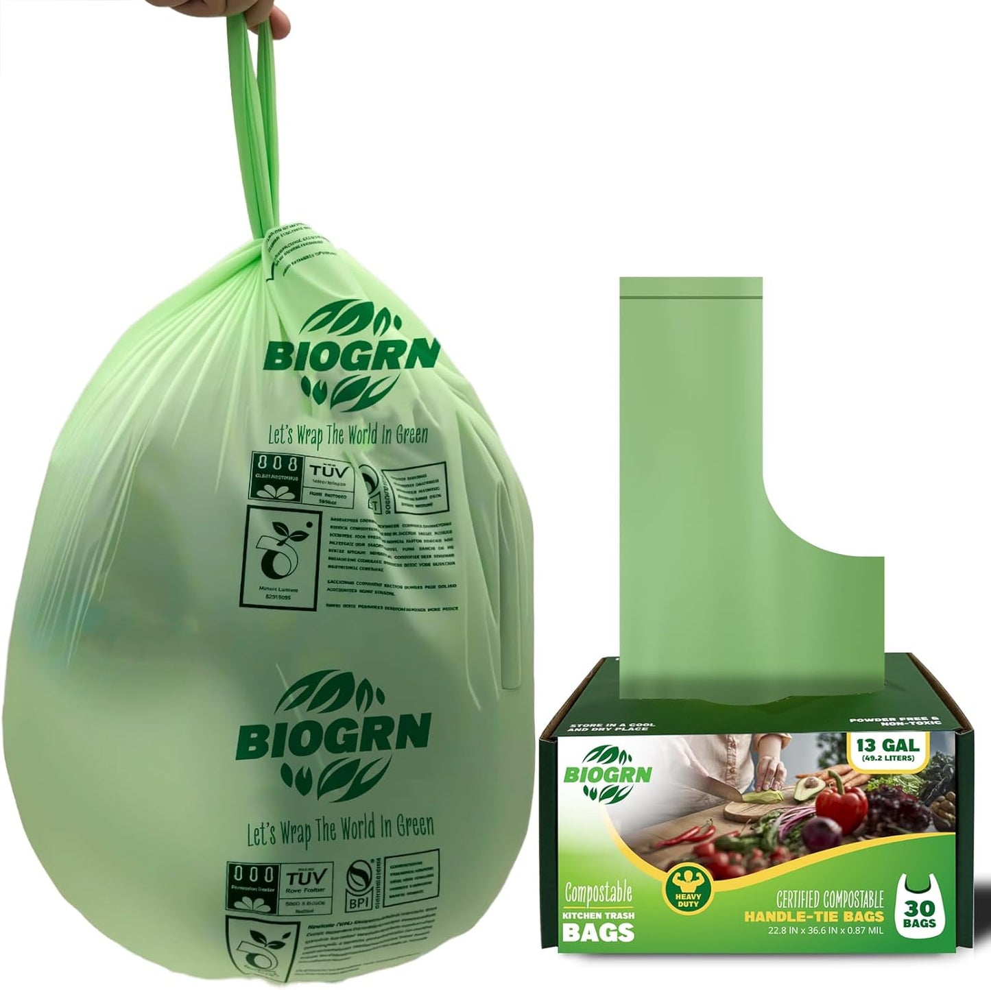 10-13 Gallon Compostable Trash Bags with Handles 30 Bags compost bags Food Scrap Green Waste Bags Thick 0.87 Mil 49.21 Liter ASTM D6400, US BPI and OK Compost Home Certified