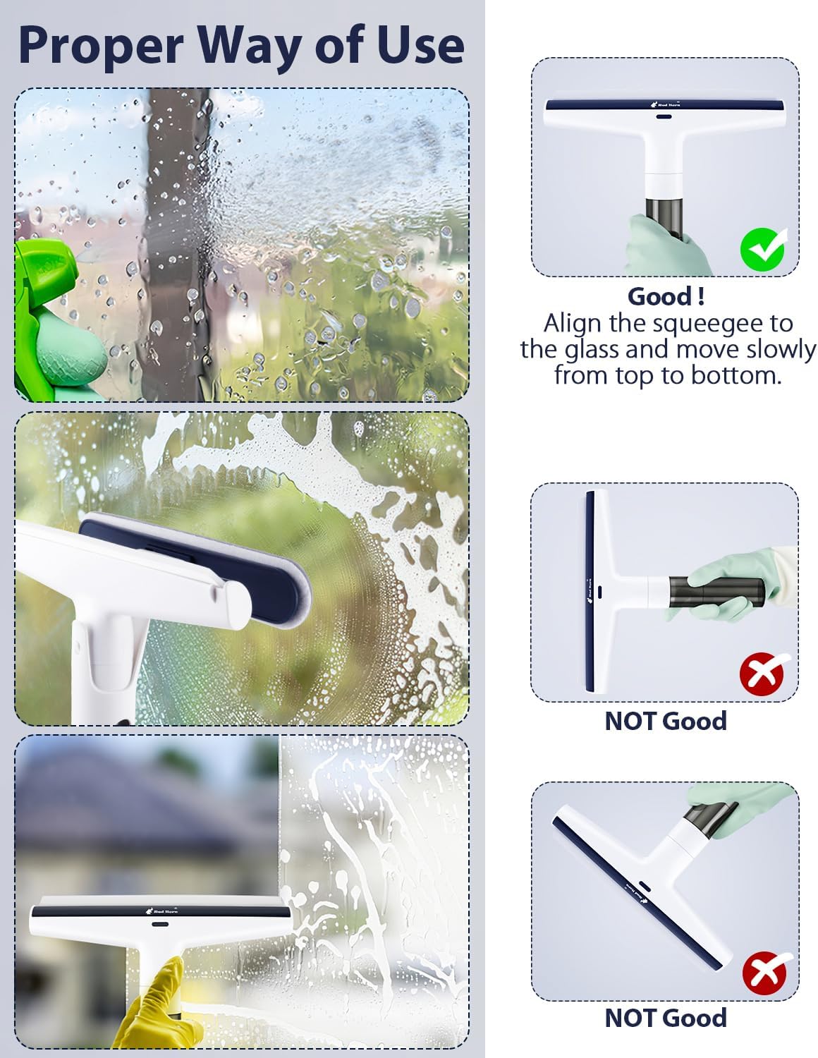 Red Horn Window Squeegee with Long Handle, Mirror Window Cleaning Squeegee Kit with Washable Pad and Blade Cleaner for Glass,Wall, Window, Mirror.White Color