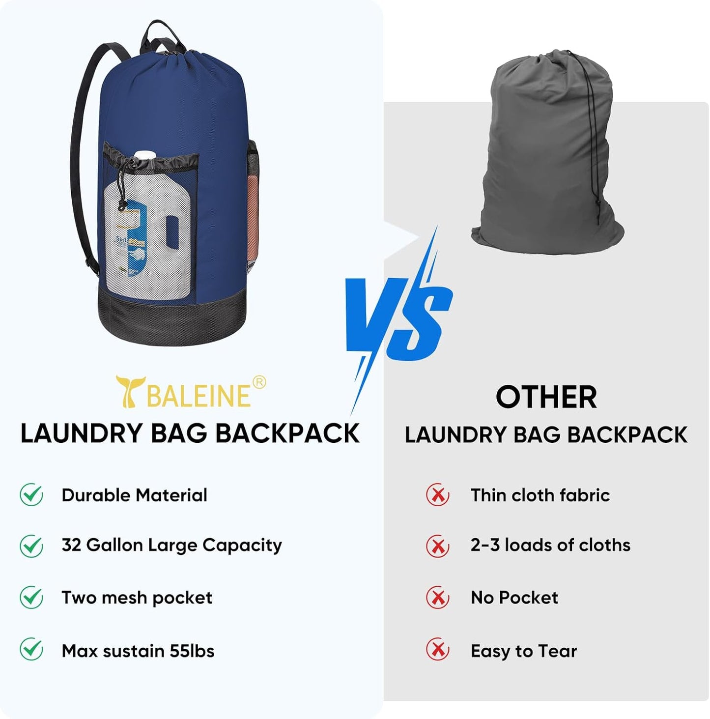 BALEINE 150L Laundry Bag Backpack, 900D Oxford Fabric Large Travel Laundry Bags with Shoulder Straps and 2 Mesh Pockets for College Dorm, Apartment, Laundromat (Navy, 150L)