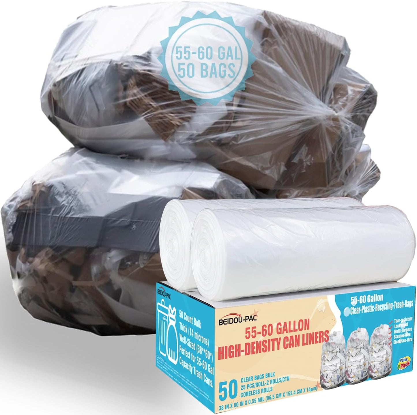 55-60 Gallon Trash Bags, 50 Count Bulk, Heavy Duty Clear Plastic Recycling Bags, Multi-purpose Garbage Bags for home Commercial, Outdoor, Construction, Industrial, Lawn, Leaf