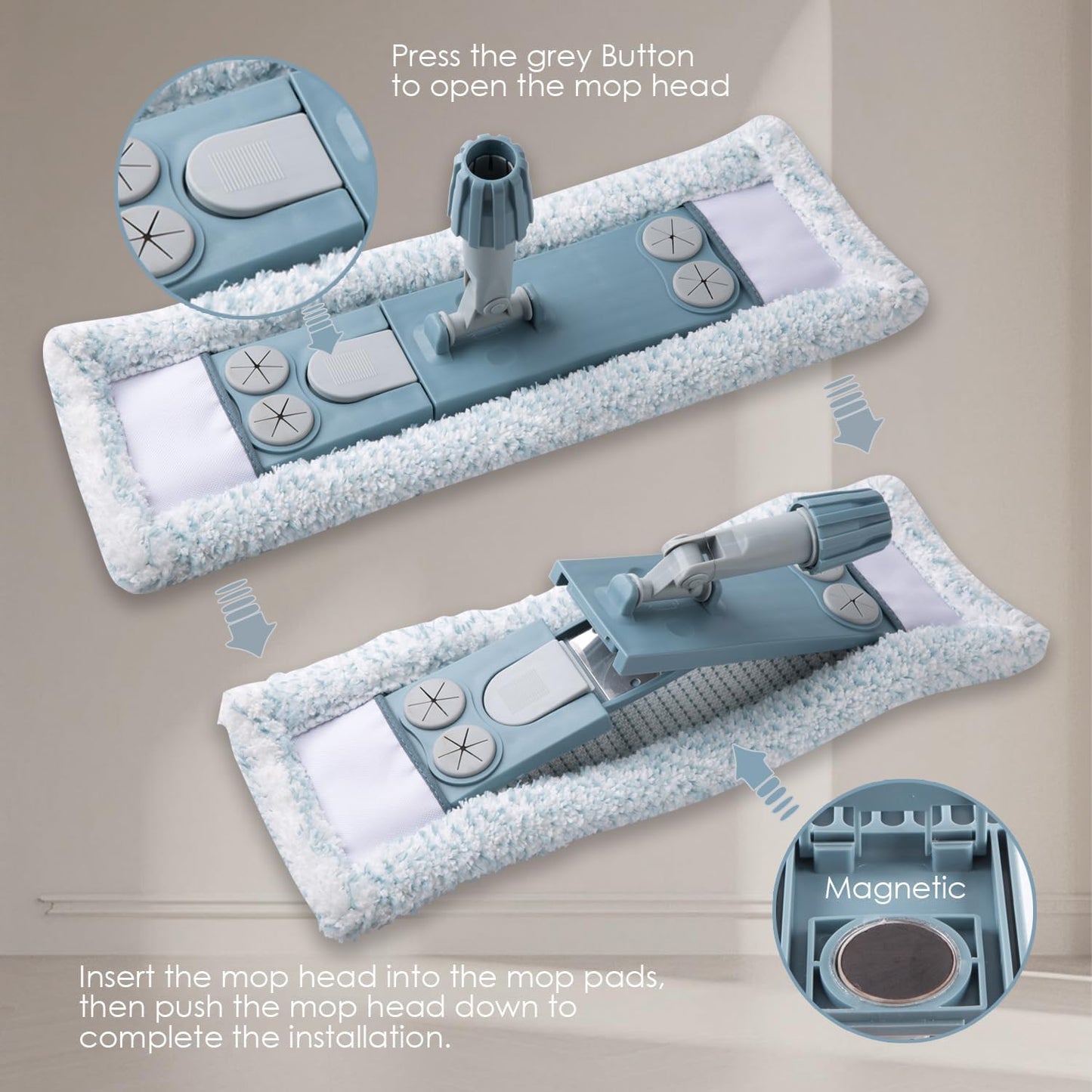 Dust Mop for Floor Cleaning,Magnetic Floor Flat Mop with 2 Washable Pads -Extendable 64‘’ Iron Handle for Hardwood Tile Marble Laminate Floors,Blue&Gray