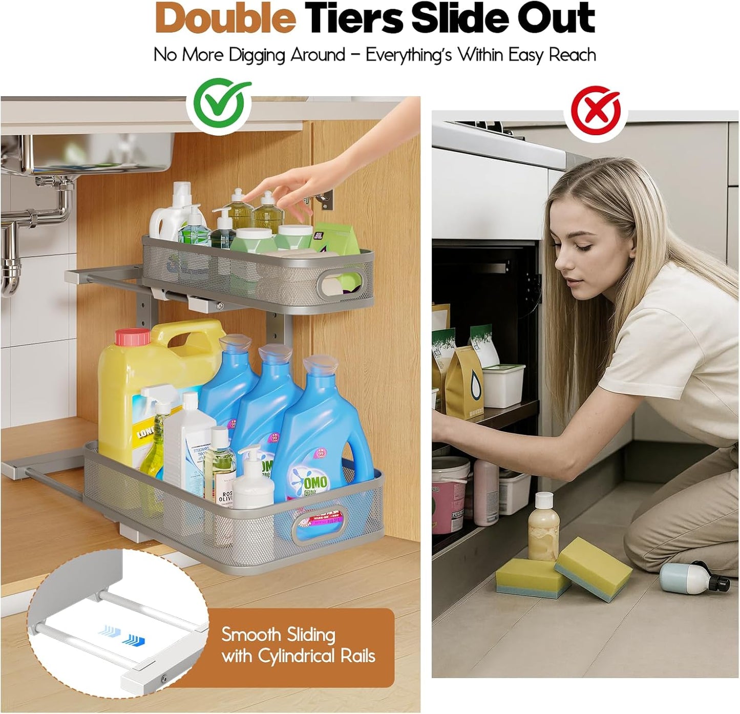 2 Pack 19.3IN-Depth Under Sink Organizer with Smooth Cylindrical Rail,2-Tier Pull Out Multi-Purpose Cabinet Storage for Bathroom&Kitchen,Height Adjustable,Rust-Resistant Coating-Gun Gray