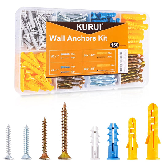KURUI Wall Anchors Kit for Hanging Wall Art Decor, 160Pcs Drywall Anchors Assortment Kit for Frame Shelf Decorations, Plant Hooks, 135 Screws and 135 Plugs, Picture Hangers for Drywall Concrete Brick