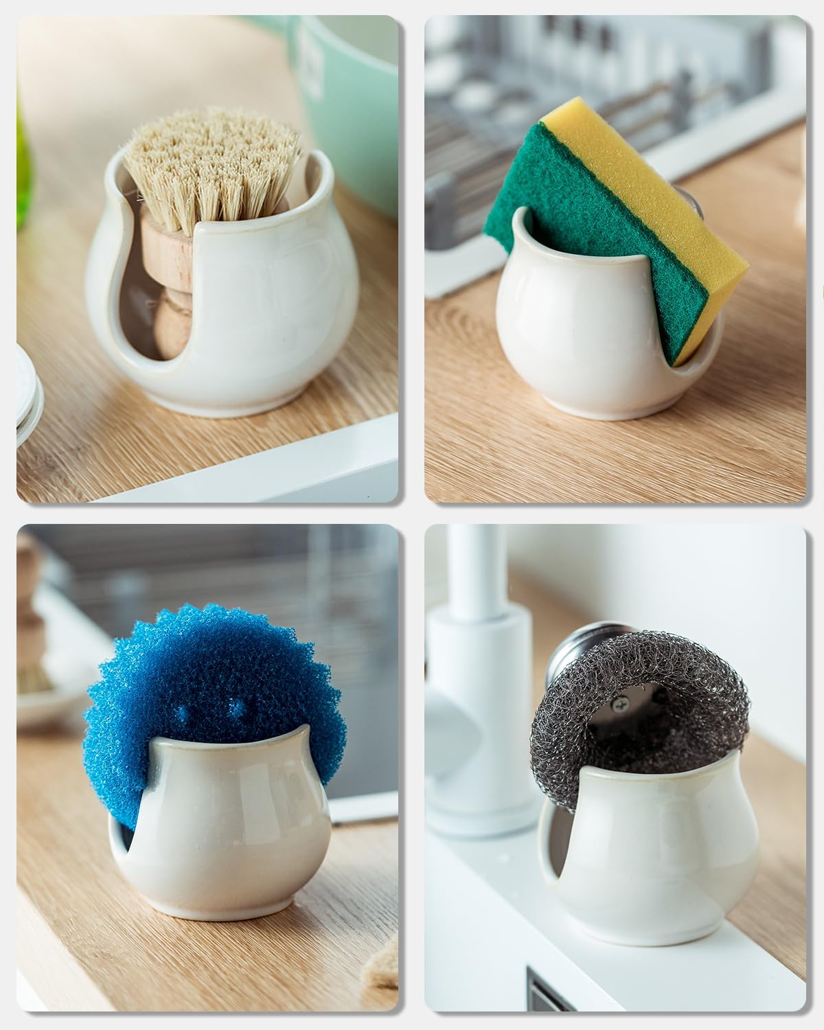 Sponge Holder for Kitchen Sink Counter, Ceramic Dish Sponge Caddy White Sink Organizer Dish Rack Farmhouse Brush Holder for Bathroom, Kitchen, White
