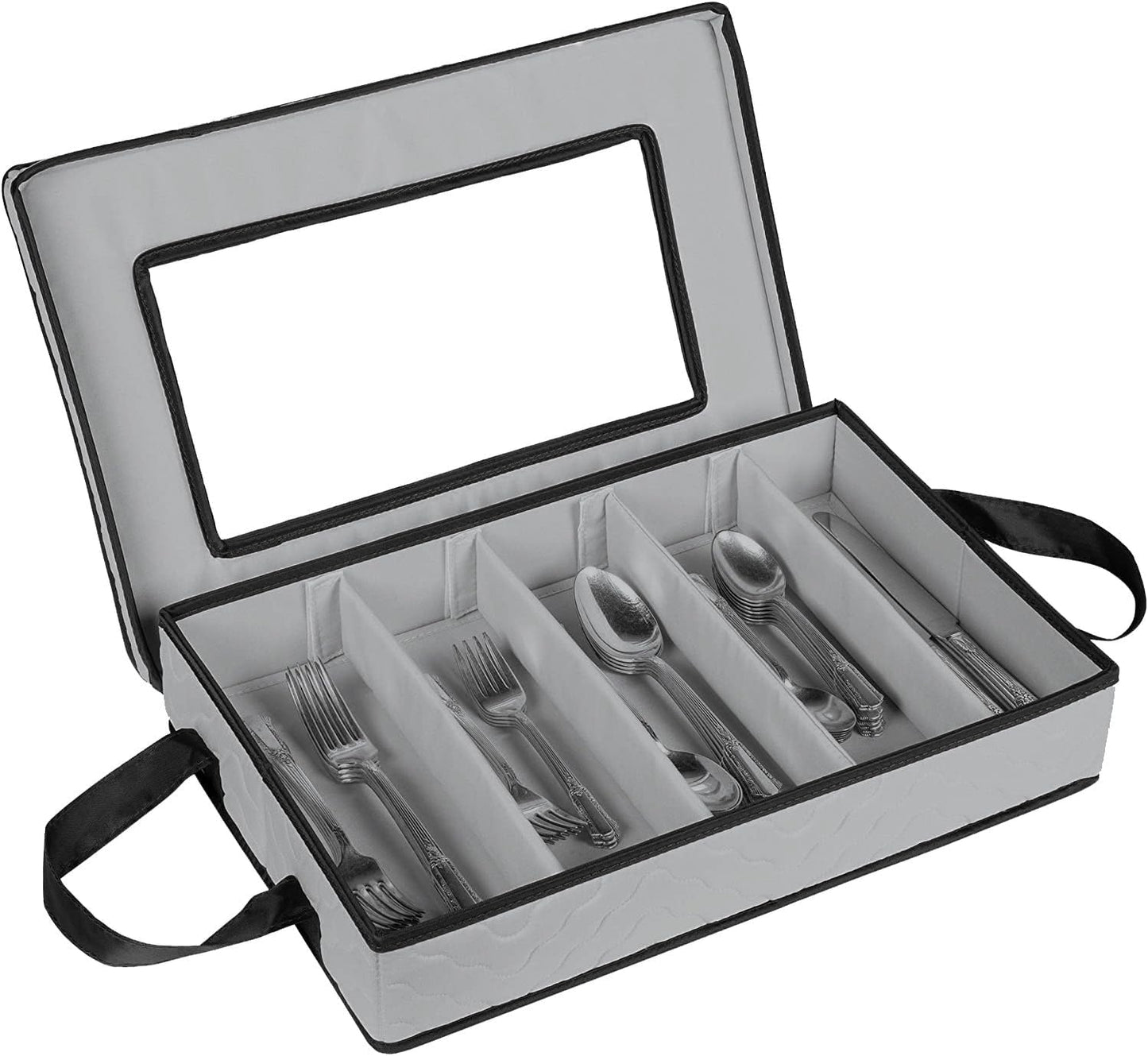 Flatware Storage Case - Durable 5 Compartment Silverware Storage Container Box with Removable Lid and Easy to Carry Handles - Large Capacity Keeps Your Cutlery Organized & Protected - Gray