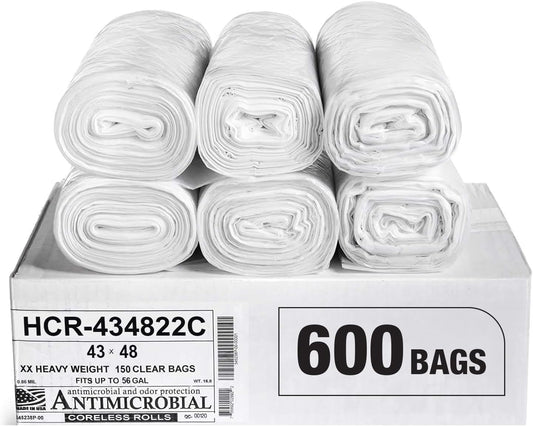 Aluf Plastics High Density Trash Bags, 56 Gallon, 600 Count, 22 Micron (eq), 43" x 48", Clear, for Bathroom, Office, Industrial, Commercial, Janitorial, Municipal, Recycling