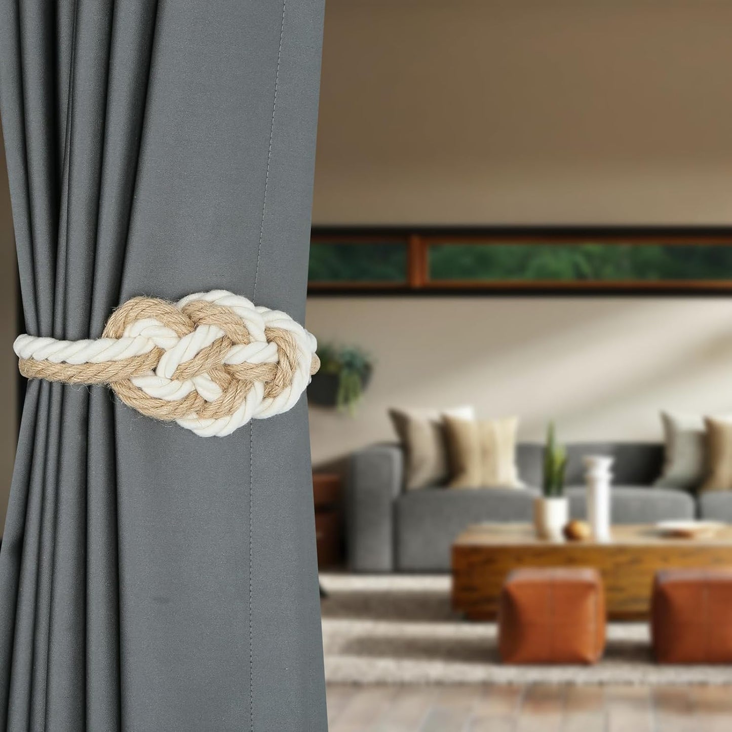 4 Pack Natural Jute Magnetic Curtain Tiebacks, Boho Rustic Style Decorative Curtain Ties Backs for Home & Office Drapery