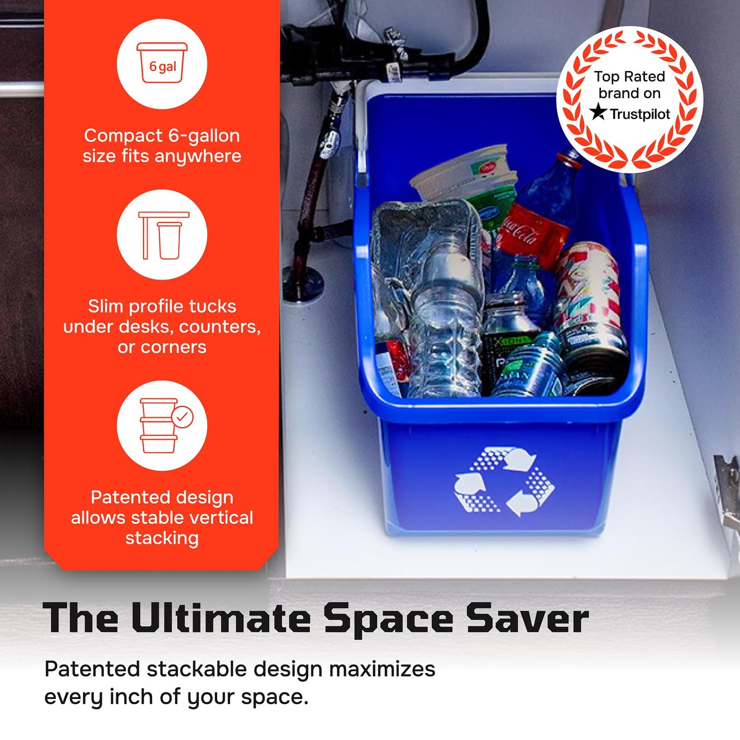 6 Gallon Stackable Recycling Bins for Homes, Garages, Offices Made of 100% Recycled Plastic - (Blue, 6 Pack)