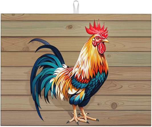 Rooster Dish Drying Mat Highly Absorbent Double-Sided Microfiber with Hanging Loop Reversible Drain Dish Rack Mat Drain Mat Suitable for Kitchen Countertop Coffee Bar 18 x 24 Inch