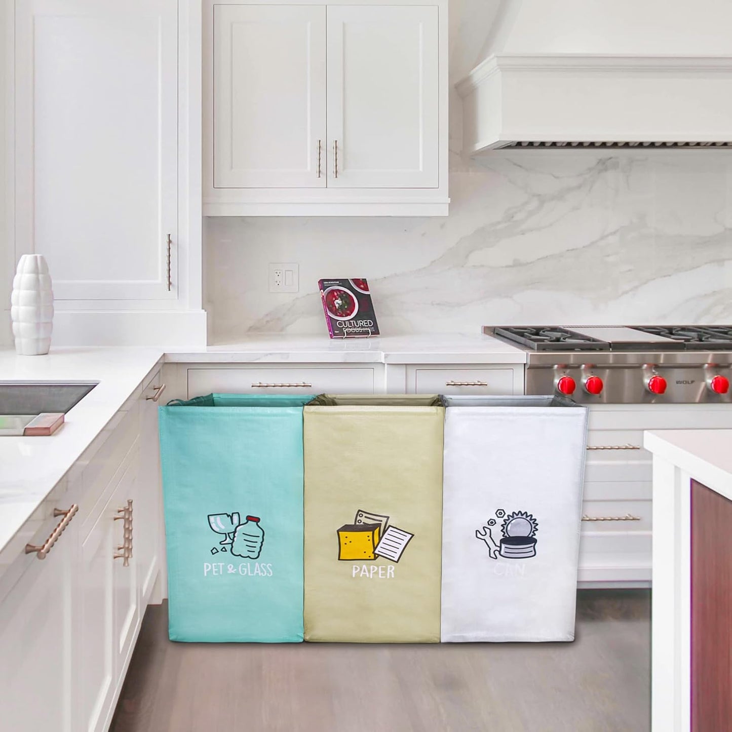 Recycling Bags,Separate Recycling Waste Bin Bags for Kitchen Home, Trash and Recycle Bin Combo,Reusable Waterproof,42 Gallon, Pack of 3 Recycling Bins