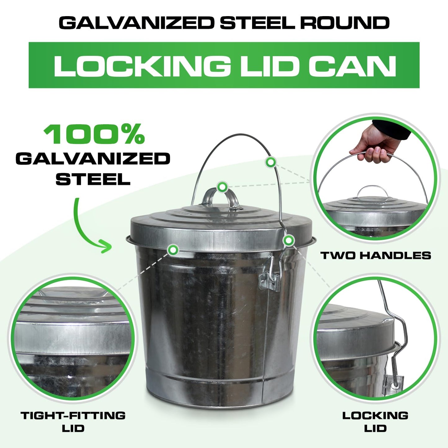 Plexon 6 Gallon Small Metal Trash Can with Locking Lid Galvanized Metal Bucket with Lid for Poultry Feed Bird Seed Storage Ash Outdoor Garbage Trash Bin 2 Pack