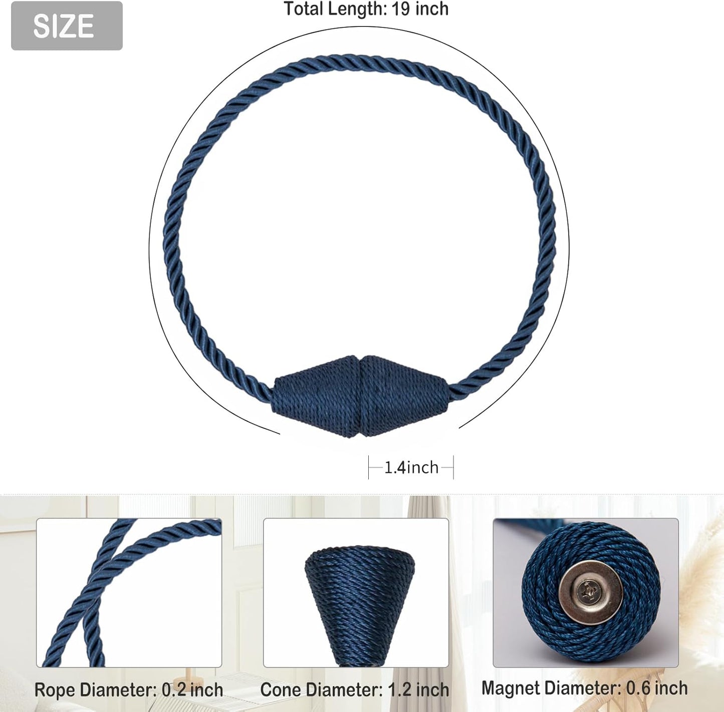 Magnetic Curtain Tiebacks 2 Pack Outdoor Rope Curtain Tie Backs Decorative Window Treatment Holdbacks for Home Decorative Curtain, Blue