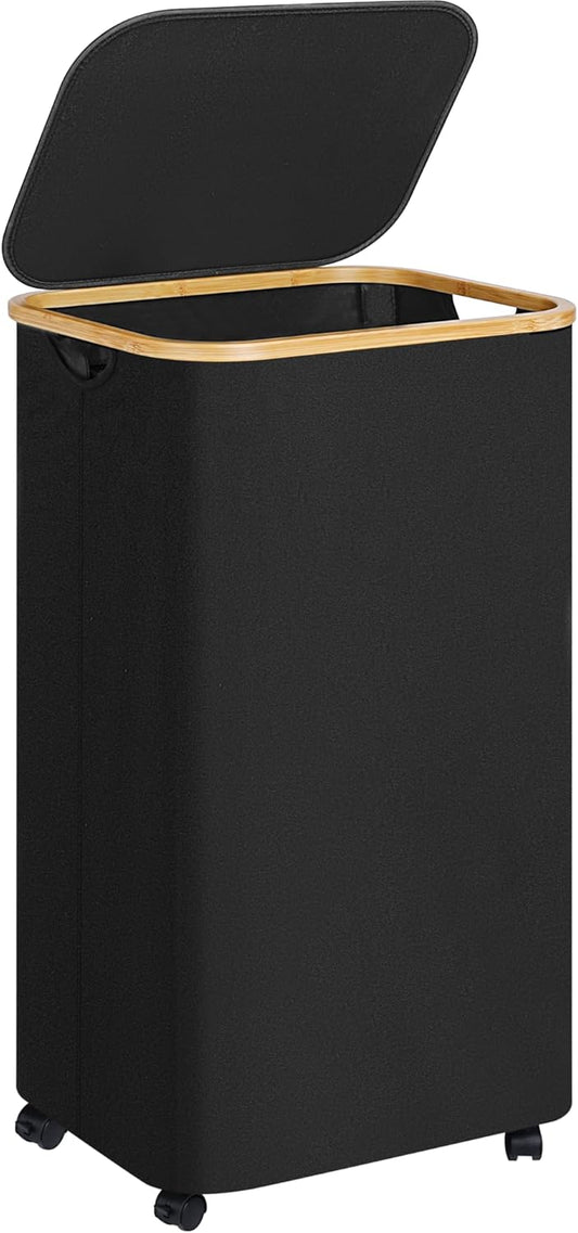 Laundry Basket with Wheels,100L Hampers for Laundry,Black Large Laundry Hamper with Lid and Bamboo Handles,Collapsible & Waterproof Tall Cloth Hamper for Dormitory Family