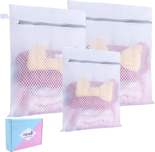 Mesh Laundry Bags, Mesh Wash Bags Durable Mesh Structure with Strong Zipper Suitable for Underwear, Delicate Clothes, Pants, Shoes, Socks Washing (Honey mesh, M+L+X-L(16*20in+20*24in+24*24in))