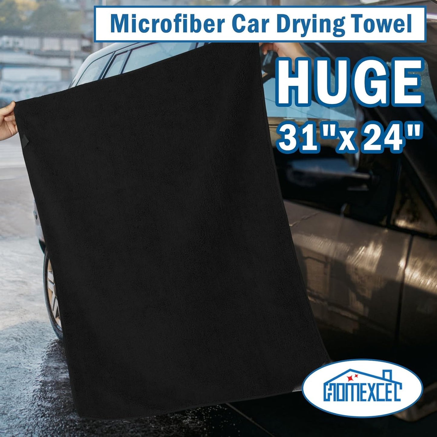 HOMEXCEL Professional Large Microfiber Car Drying Towels 2 Pack, Lint Free, Scratch Free, Highly Absorbent Drying Towel for Cars, SUVs, RVs, Trucks, and Boats,31" x 24", Black