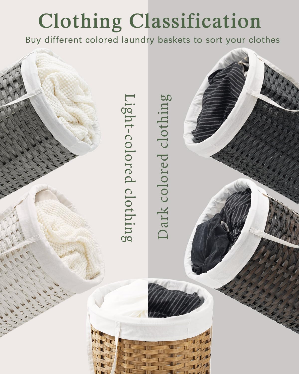 Laundry Hamper Laundry Basket Round 19.0 Gal (72 L) Handwoven Rattan Laundry Basket, Large Wicker Laundry Hamper with Removable Laundry Bag Handles 2 Mesh Bags for Bathroom Living Room Gray