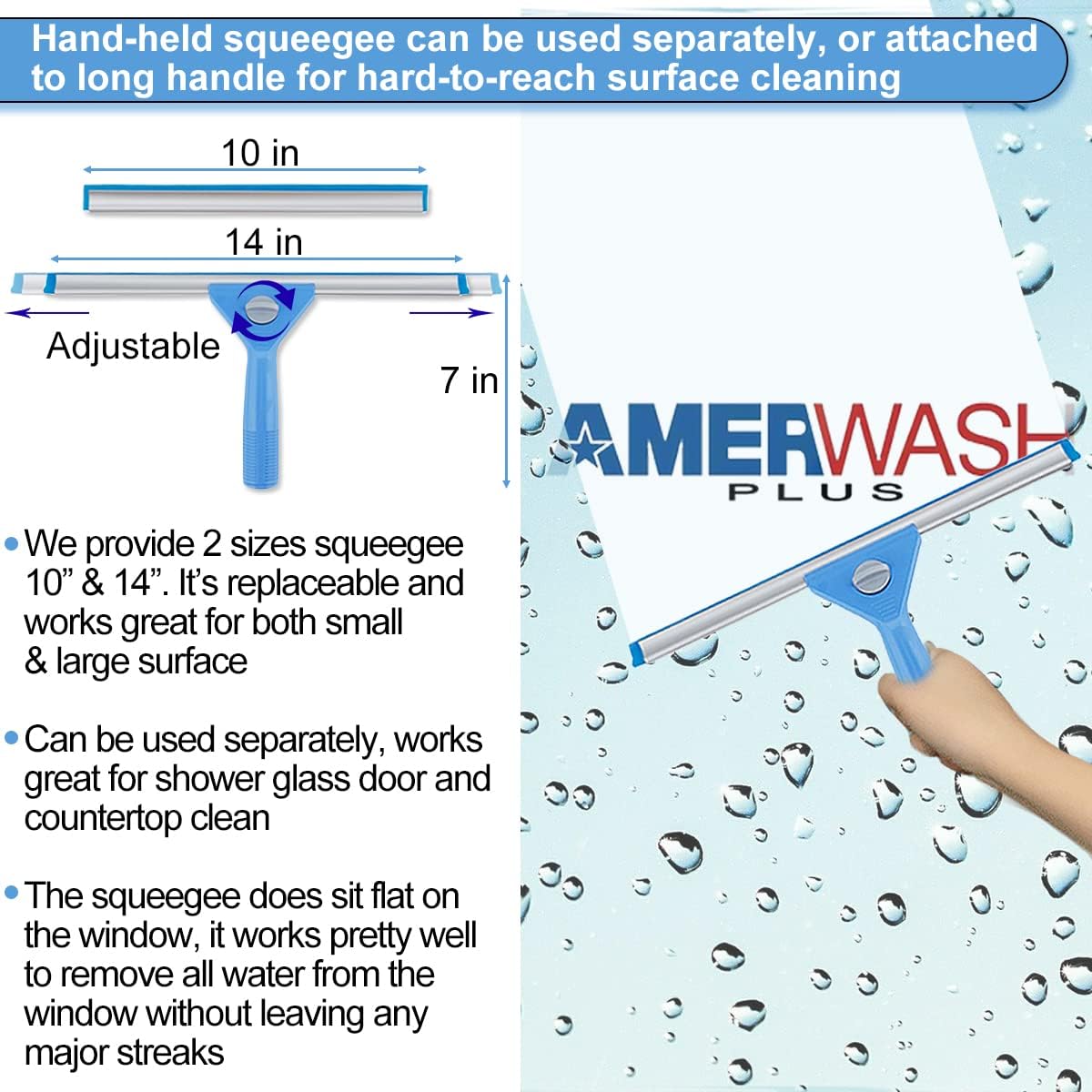 Window Squeegee Washing Kit for Shower Glass Door, Mirror and Window Cleaning, Extra 14'' Wide Squeegee and 2 Microfiber Scrubbers Included (Extension Pole not Included)