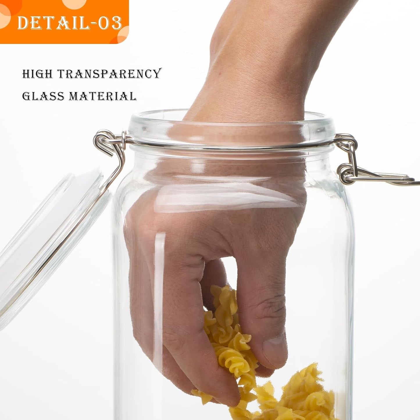 34oz Square Glass Food Storage Jars with Airtight Clamp Lids, 3 Pack Large Kitchen Canisters for Flour, Cereal, Coffee, Pasta and Canning, Mason Jar (Clear 34oz Square - 3 sets)